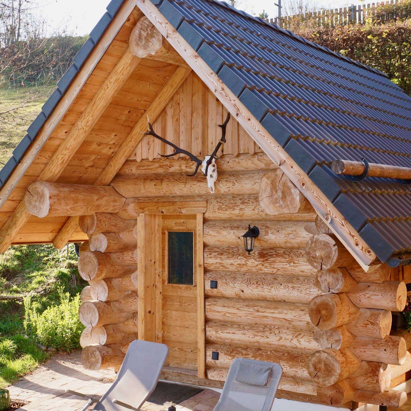 Blockhaus Naturstamm Sauna schräg vorne 16x9