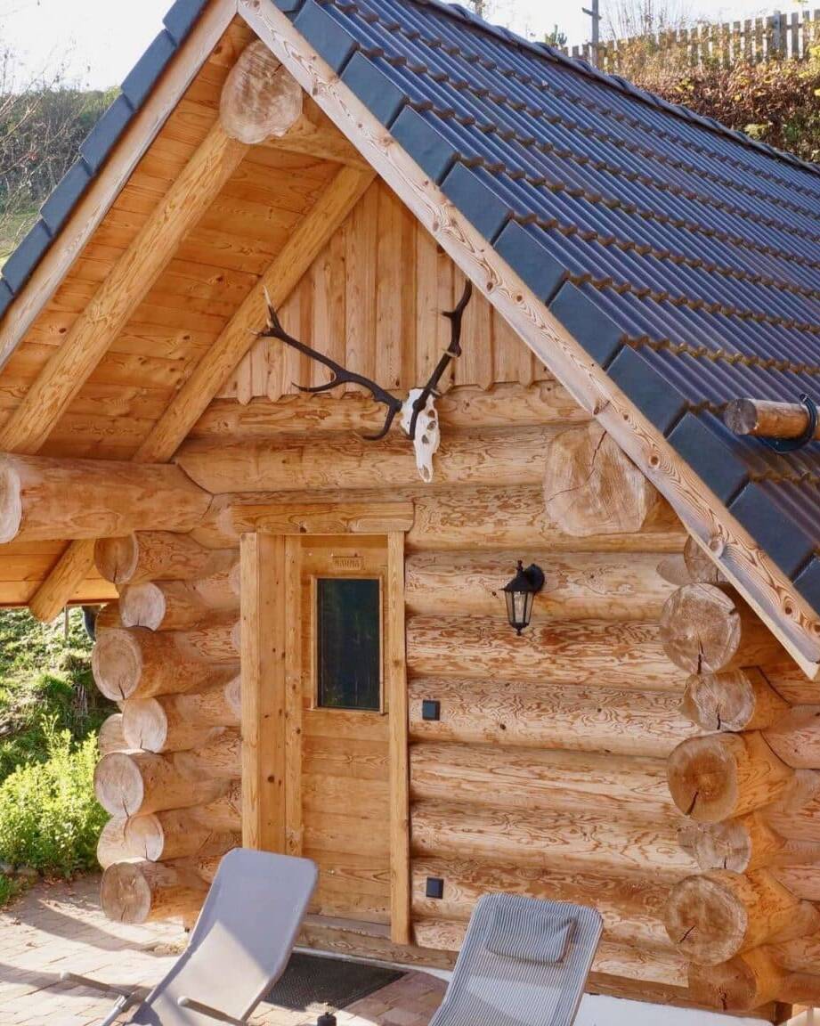Blockhaus Naturstamm Sauna schräg vorne 16x9