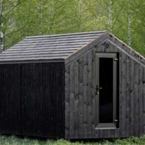 Gartensauna Barn Stretch 4M Ansicht links vorne Tag