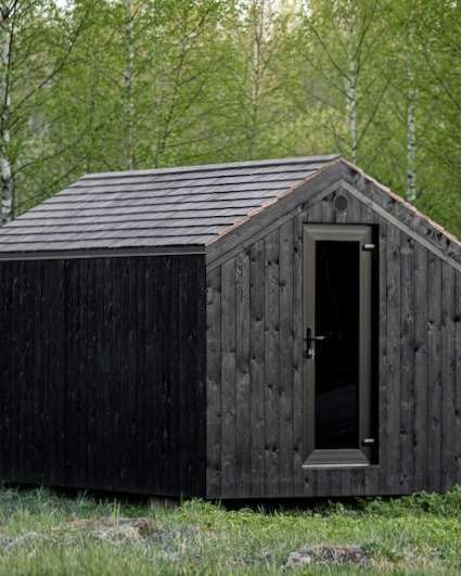 Gartensauna Barn Stretch 4M Ansicht links vorne Tag
