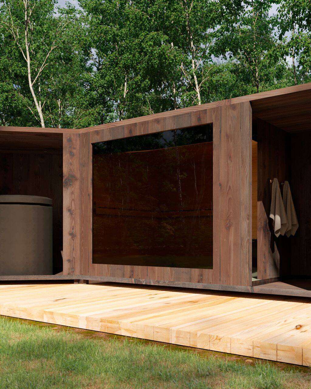 Gartensauna Therma M mit Terrasse S rechts und Terrasse M links mit Badefass