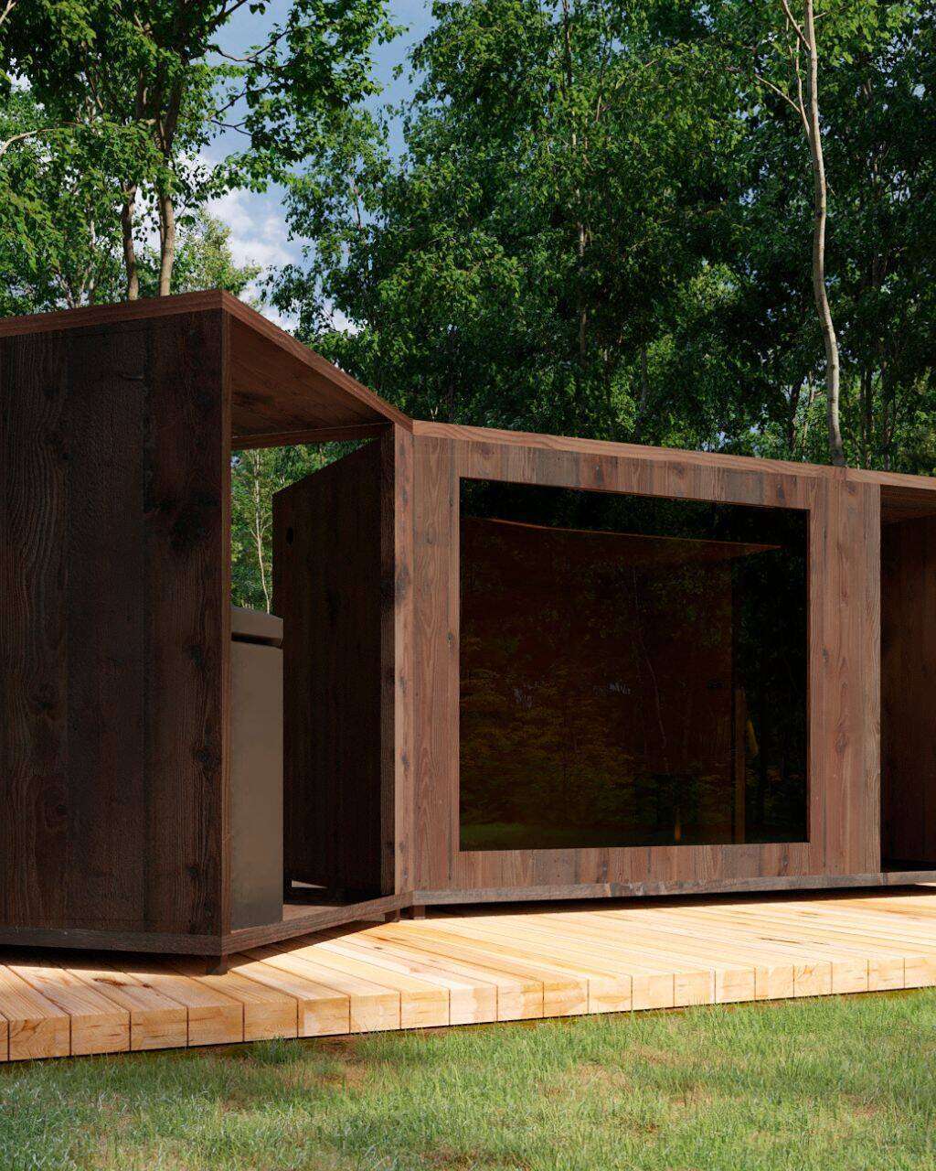 Gartensauna Therma M mit Terrasse S rechts und Terrasse M links