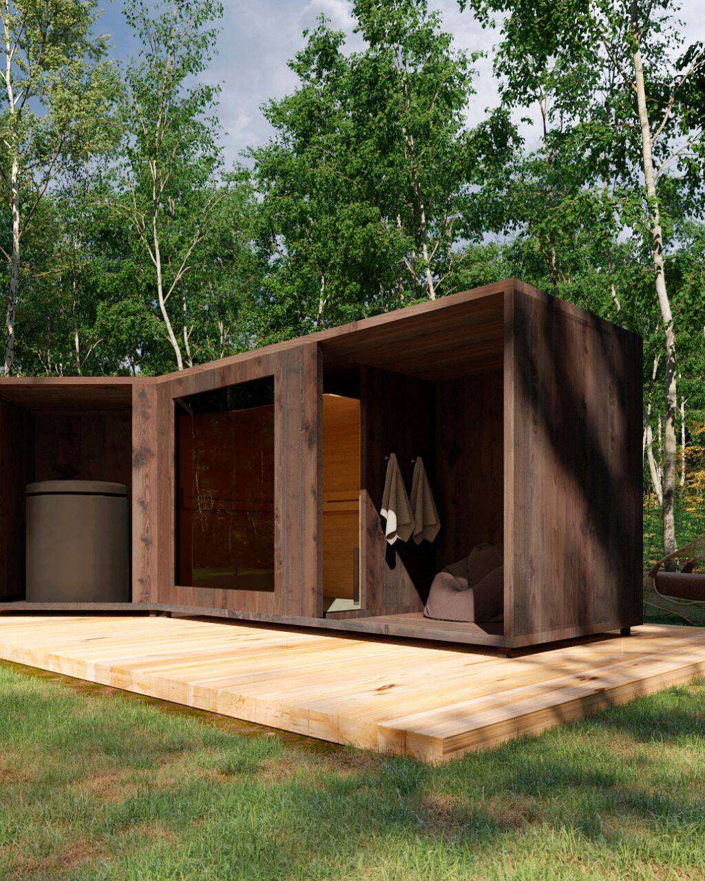 Gartensauna Therma S mit Terrasse M links und rechts mit Badefass