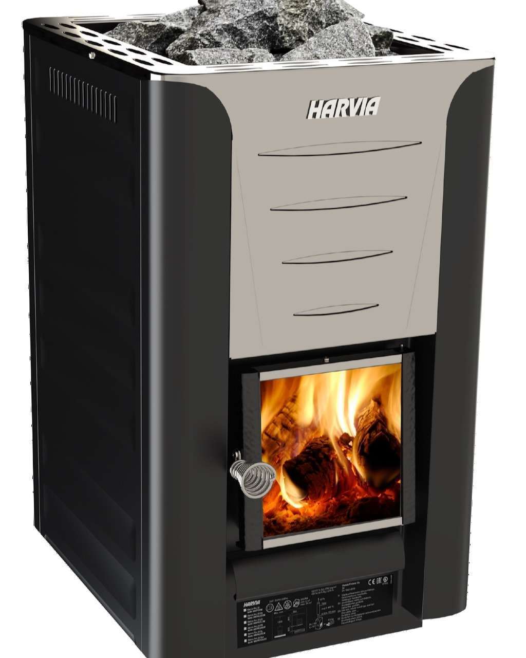 Harvia Pro 20 Holzsaunaofen Ansicht schraeg vorne – ManoKin Harvia Pro 20 Holzsaunaofen Ansicht schräg vorne