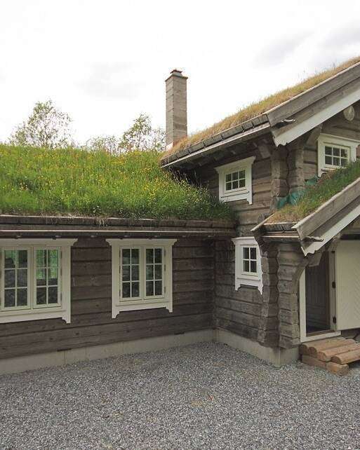 Blockhaus mit Wiese am Dach