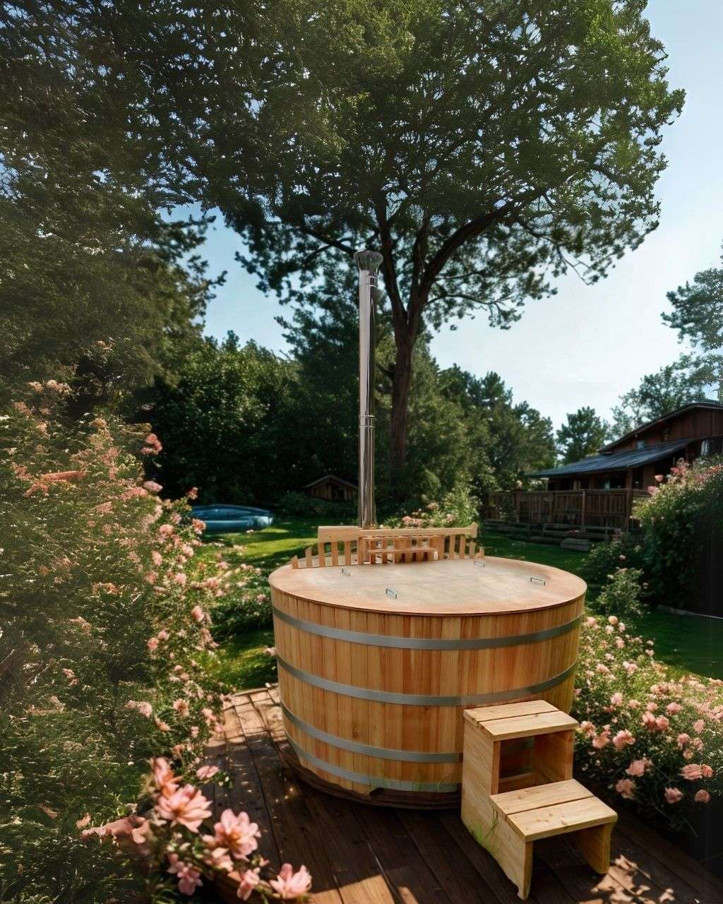 Badefass mit Ofen aus Holz im Garten
