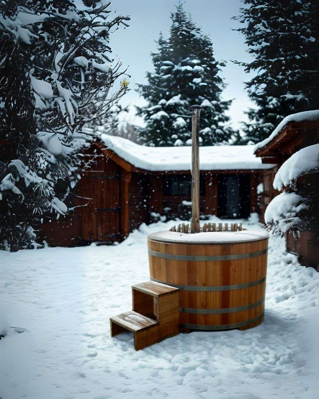 Badefass mit Ofen im Wintergarten