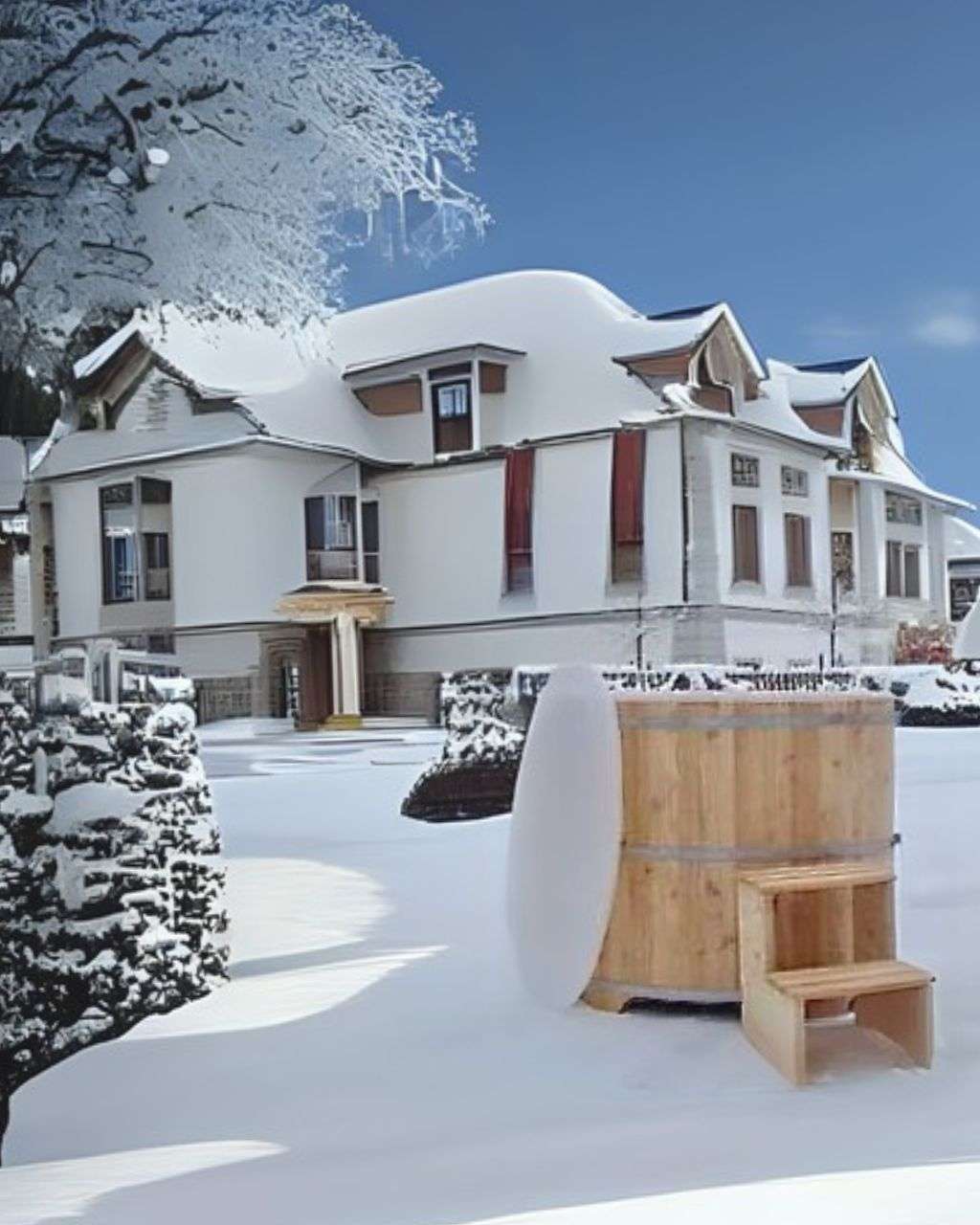 Sauna Tauchbecken Eisbaden Tonne Lärche Winterlandschaft mit Haus