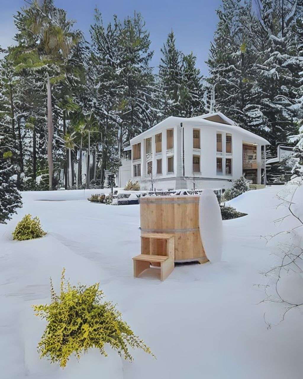 Sauna Tauchbecken Eisbaden Tonne Lärche vor Haus Waldrand