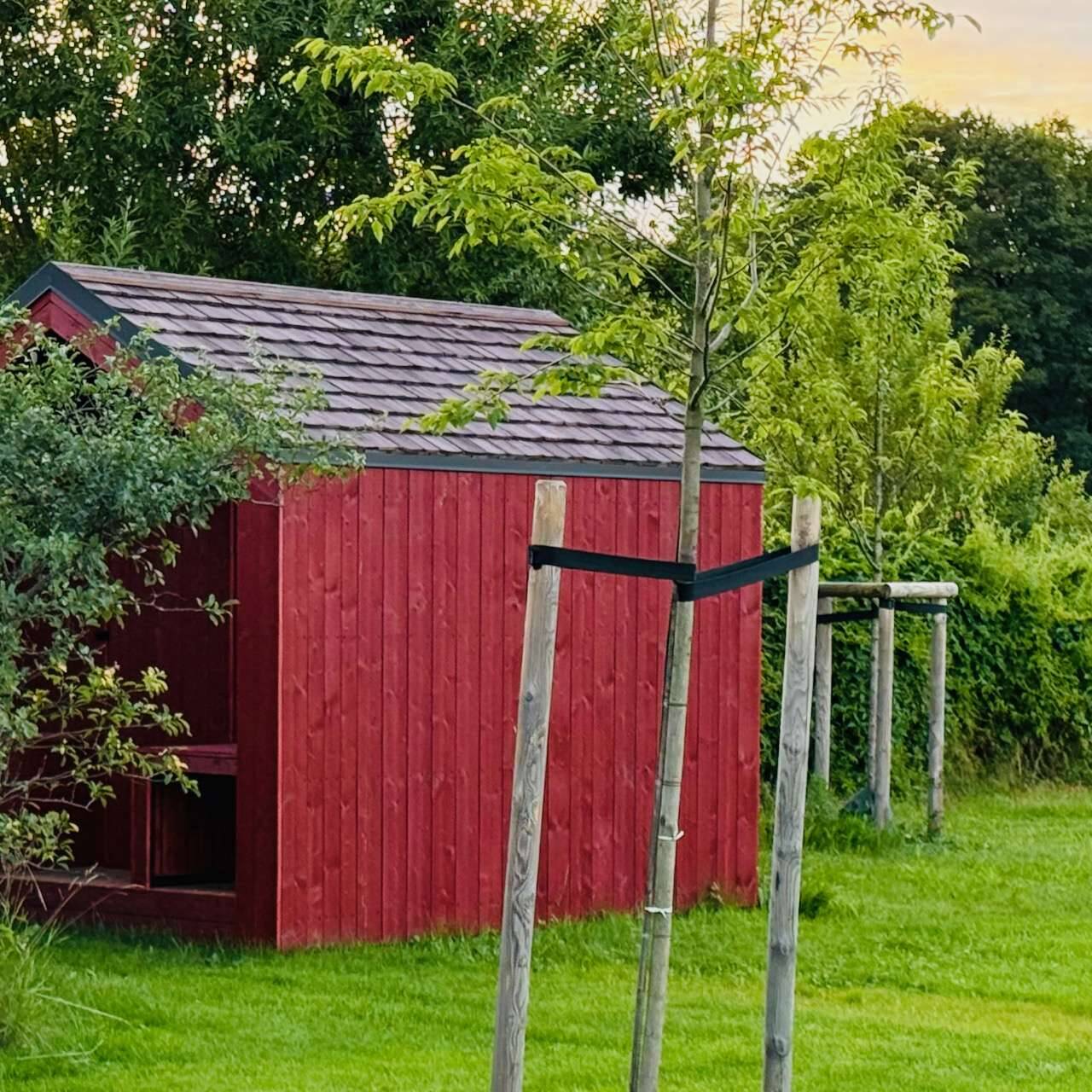 Barn Nordic Gartensauna in Rot in idyllischer Gartenlandschaft im Sonnenuntergang