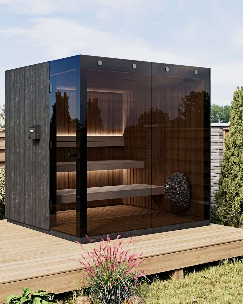Große Gartensauna mit Glasfront und getönter Scheibe und Tür