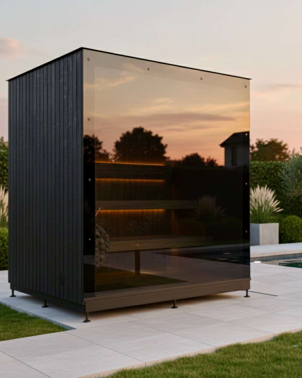 Panorama Gartensauna und getoenter Panoramascheibe – ManoKin Panorama Gartensauna und getönter Panoramascheibe