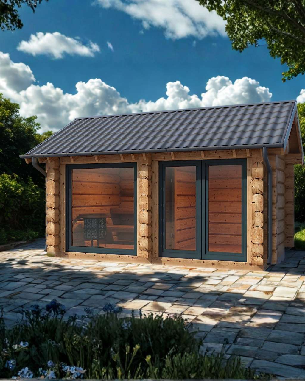 Boreana 50SV Blockhaus Sauna Ansicht rechts vorne