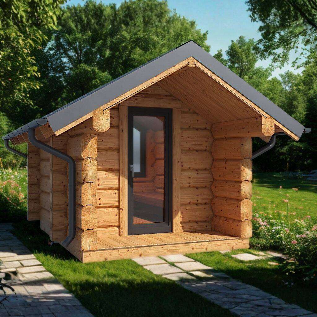 Naturstamm Sauna mit Veranda Ansicht schräg vorne
