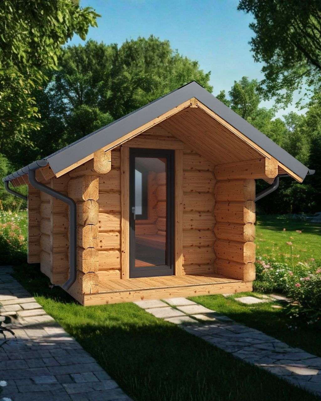 Naturstamm Sauna mit Veranda Ansicht schräg vorne