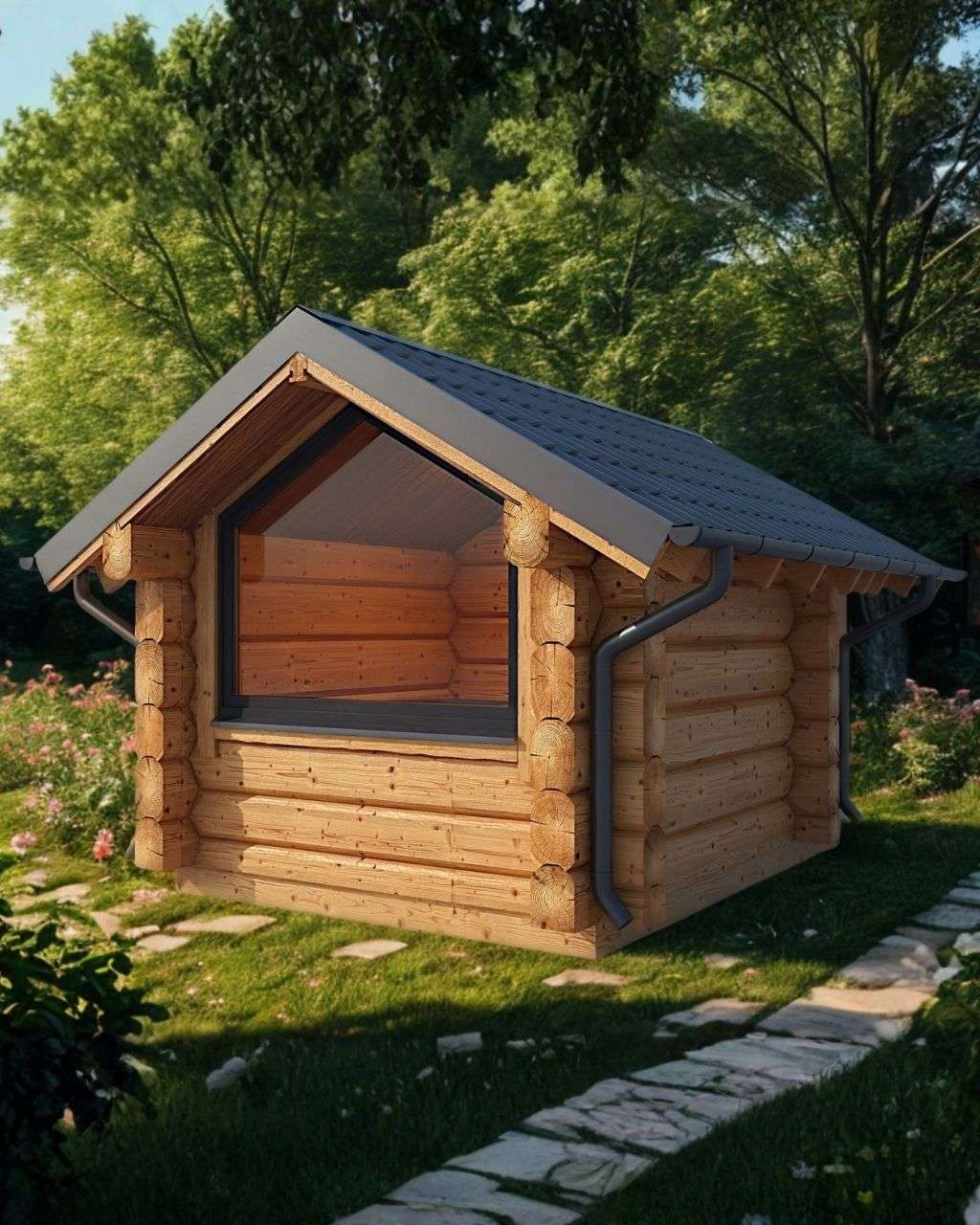 Naturstamm Sauna mit Veranda und großem Isolierglasfenster