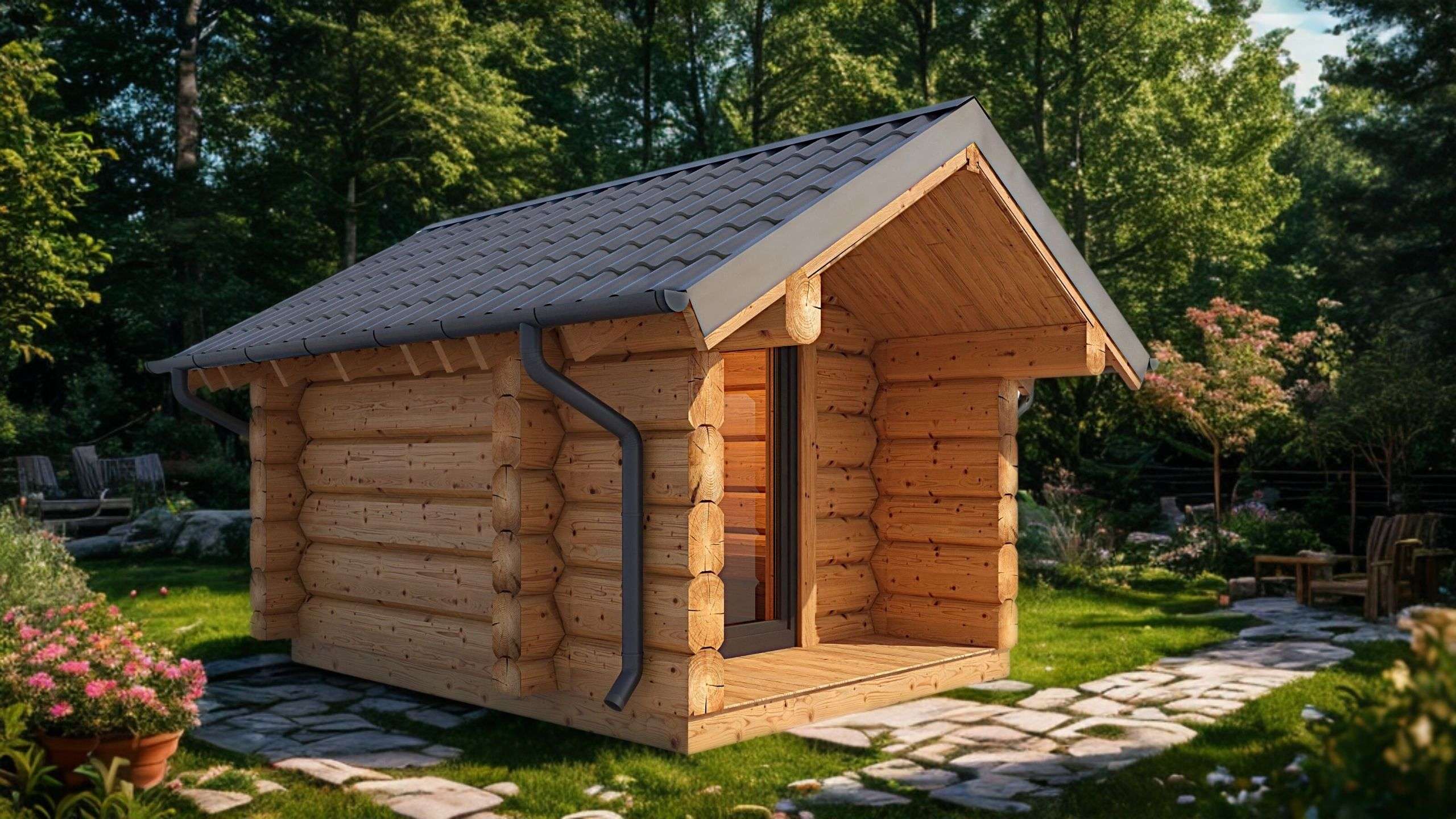 Naturstamm Sauna mit Veranda und norwegischer Eckverbindung