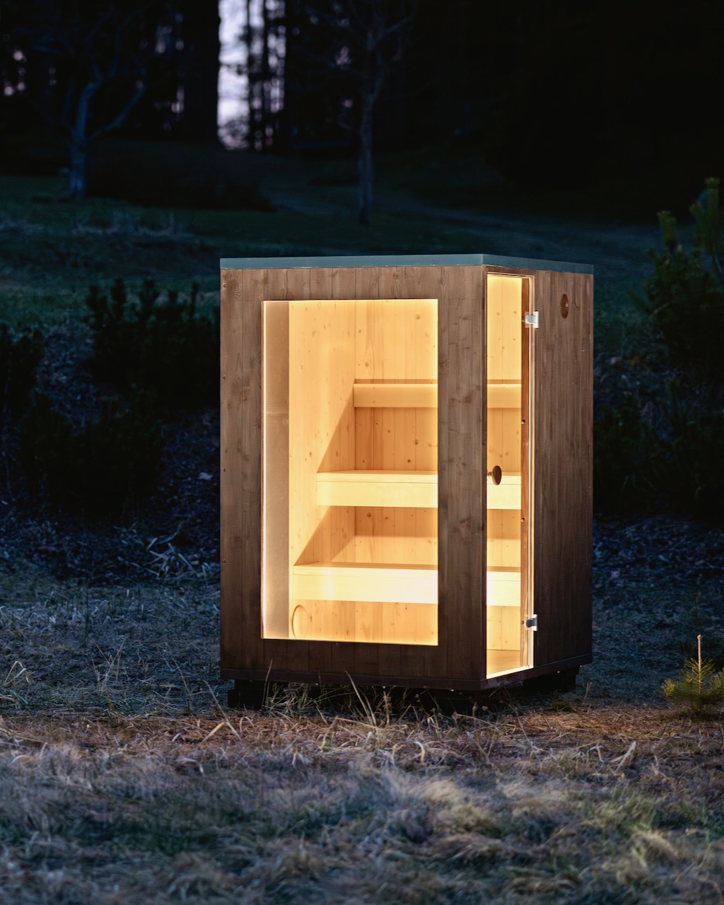 Mini Sauna grosser Glasfront und hellem Innenraum – ManoKin Mini Sauna großer Glasfront und hellem Innenraum