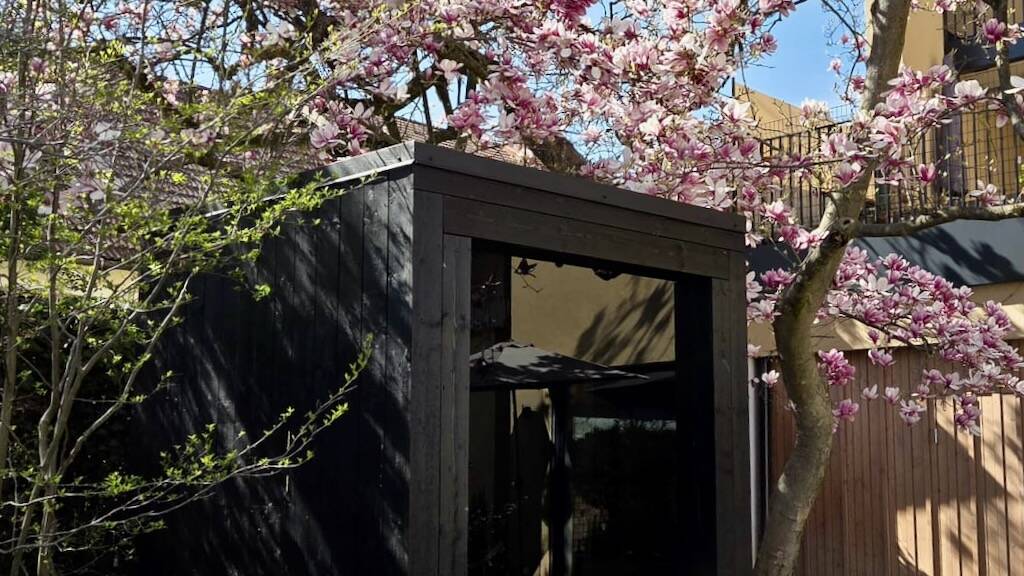 Schwarze Sauna fuer 2 3 Personen unter Magnolienbaum uai – ManoKin Schwarze Gartensauna für 2 3 Personen unter Magnolienbaum